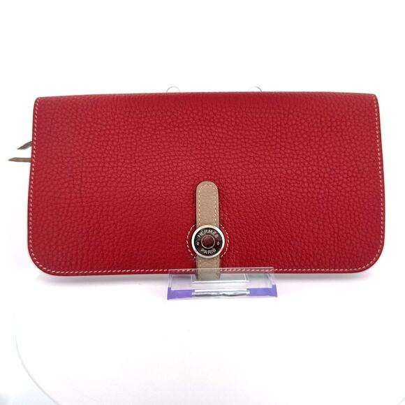 Hermès Béarn Wallet in Rouge Casaque & Etoupe Togo Leather - Picture 1 of 7